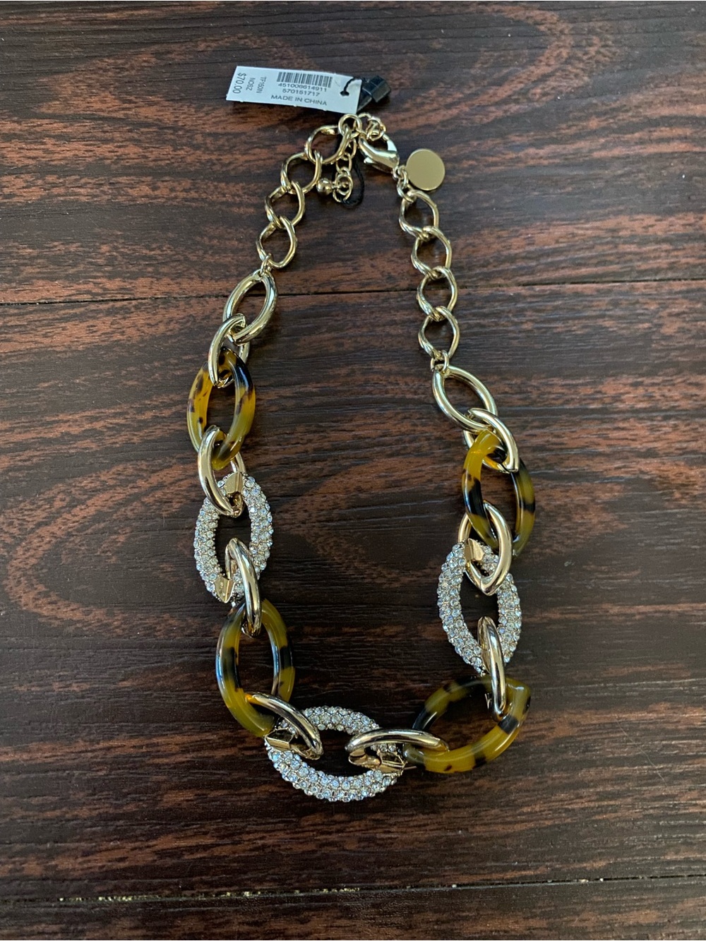 Gold-Tone & Tortoiseshell Link Necklace with Crystal Accents NWT